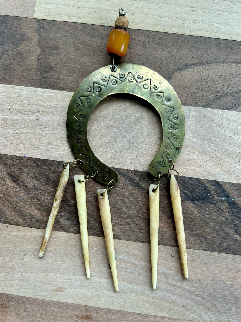 Antique Tribal Brass Pendant Genuine Bone Dangles Hand Tooled Folk Art Large